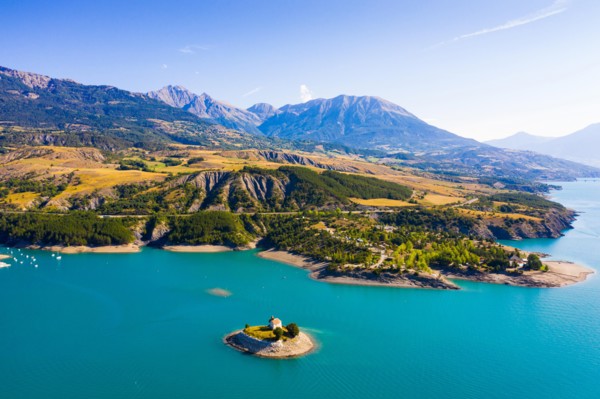 Aerial landscape with Serre-Poncon Lake and Alps, France