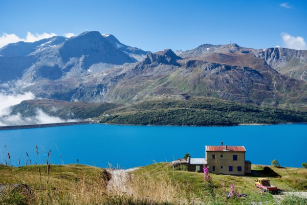 Summer view of the artificial Mont Cenis Lake, in the Savoy department near Lanslevillard, Rhone-Alpes, France near the italian border