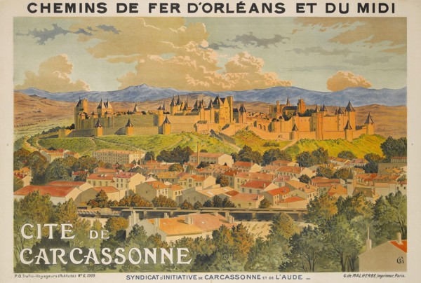 A vintage travel poster for Carcassonne, France