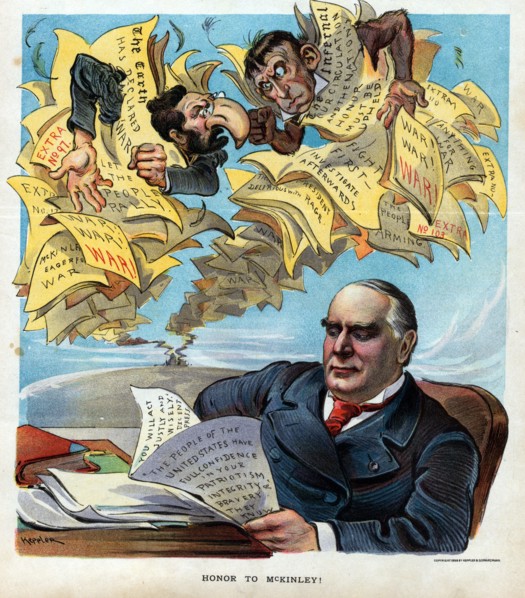 Honour to McKinley!' Joseph Pulitzer and a monkey, possibly meant to represent William R. Hearst, as editors of yellow journalism newspapers wrapped up in their papers with outrageous headlines, calli...