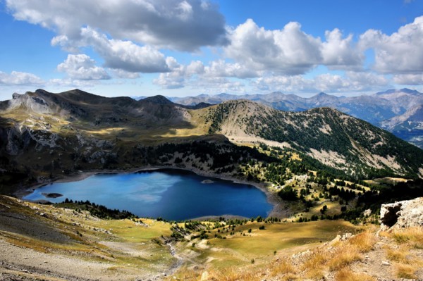Panorama view with mountain lake Allos, French Alps, France