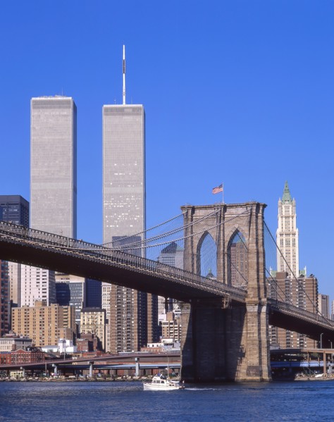 New York Trade Centre (destroyed 2001) and Brooklyn Bridge, Manhattan, New York, New York State, United States of America