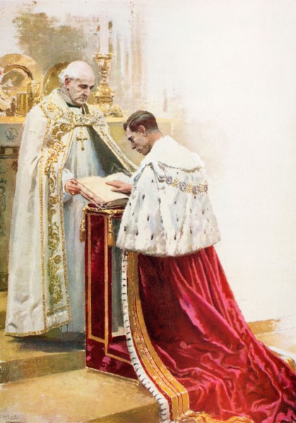 King George VI takes the oath during his coronation, 12th May 1937.