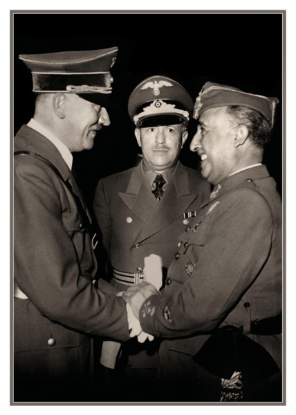 Adolf Hitler and Eberhard von Stohrer greeting General Franco at Hendaye, moments after arriving from his train at around 15:15. 23rd October 1940 Francisco Franco (1892 - 1975) Spanish general and di...