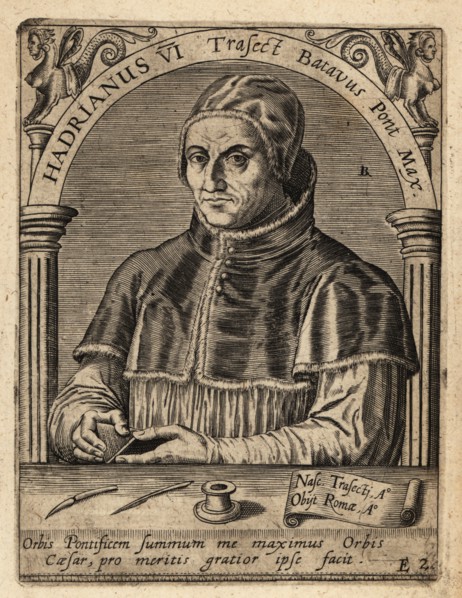 Pope Adrian VI, born Adriaan Florensz Boeyens, 1459-1523, was head of the Catholic Church and ruler of the Papal States. Hadrianus VI Traject Batavus Pont Max. Copperplate engraving by Johann Theodore...