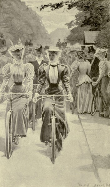 The latest Style of female cyclists from the book Cycling by The right Hon. Earl of Albemarle, William Coutts Keppel, (1832-1894) and George Lacy Hillier (1856-1941); Joseph Pennell (1857-1926) Publis...