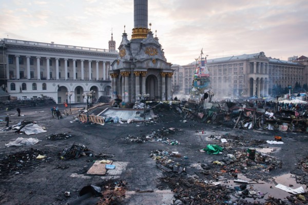 KIEV, UKRAINE - February 20, 2014: Mass anti-government protests in the center of Kiev. Independent square in Kiev, Ukraine after two days of violent clashes between riot police and Euromaidan protest...