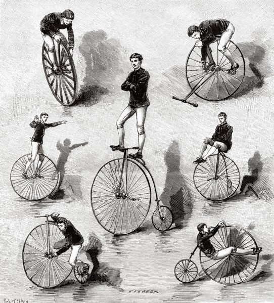 Dan Cabary Velocipedic Exercises. Old 19th century engraved illustration from La Nature 1888