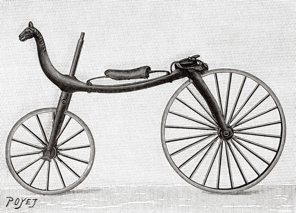 Velocipede. Balance bike made in 1820 in Onzain, Loir-et-Cher. Old 19th century engraved illustration from La Nature 1897