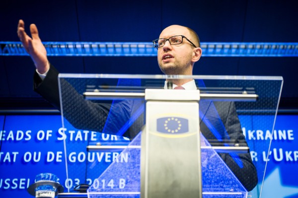 March 6, 2014 - Brussels, Belgium - Ukraine's new Prime Minister ARSENIY YATSENUK holds a press conference after attending a EU-Ukraine head of states summit at the EU council headquarters. MPs in Cri...