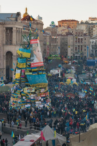 KIEV, UKRAINE - DECEMBER 14: Demonstrators protest on Independence Square EuroMaidan during peaceful actions against the Ukrainian president and gover