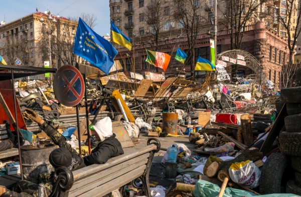 Kiev, Ukraine - February 26, 2014: Barricade in Kiev on Maidan Square during the revolution.