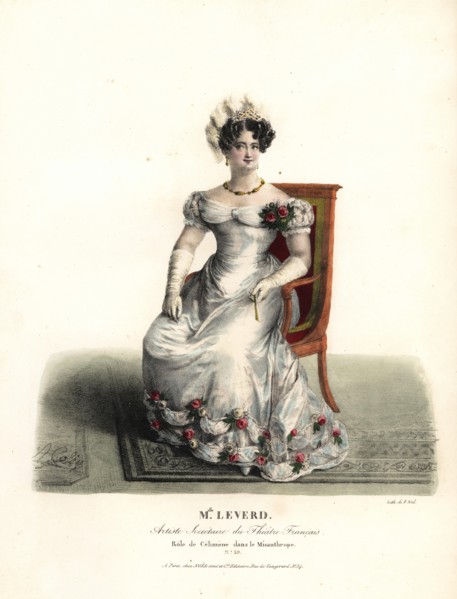 Dancer and actress Mlle. Emilie Leverd as Celimene in Le Misanthrope by Moliere, Theatre Francais, 1808. Handcoloured lithograph by F. Noel after an illustration by Alexandre-Marie Colin from Portrait...