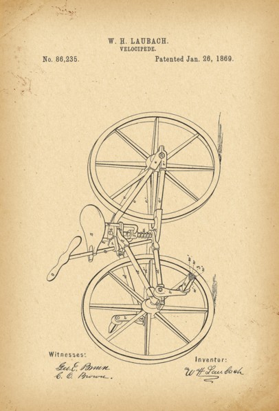 1869 Patent Velocipede Bicycle history 
invention