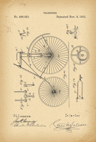 1892 Patent Velocipede Bicycle history 
invention