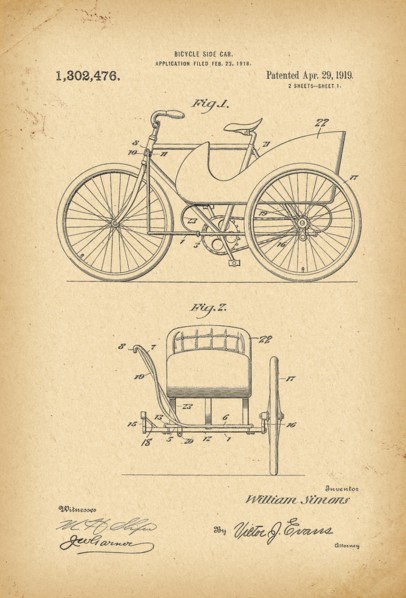 1919 Patent Velocipede Bicycle history 
invention