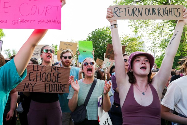 Protestors gather in front of the Supreme Court building in Washington D.C.  in support of abortion rights on Tuesday, May 3, 2022. A draft decision of the Supreme Court leaked on Monday, May 2, 2022 ...