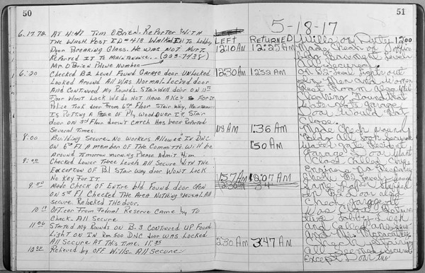 Security Officer's Log of the Watergate Office Building Showing Entry for June 17, 1972, Page 2/2