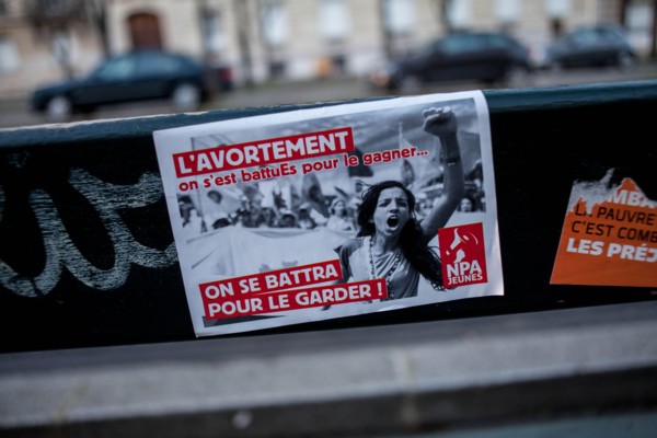 Paris, France. 1st Feb, 2014. Demonstration for the right to abortion in Spain in Paris, on February 1, 2014. The march went until the front of the Spanish ambassy where people had left their hangers....