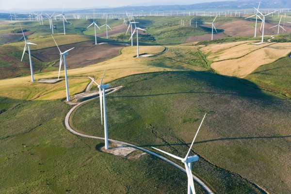 Aerial view of wind turbines Huelva Province, Spain
