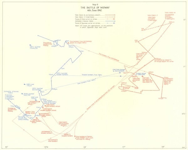 PACIFIC OCEAN: Battle of Midway 4th June 1942, 1956 vintage map