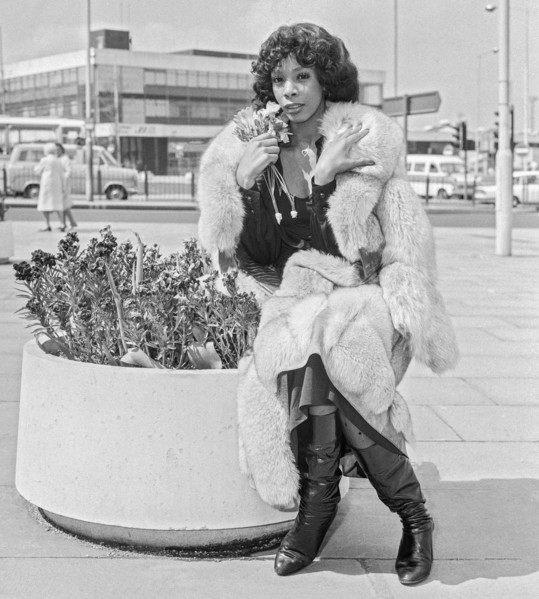 American singer actress Donna Summer arriving at Heathrow Airport in 1976.