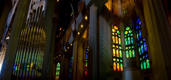 stained glass windows and organ pipes in the Sagrada Familia in Barcelona
