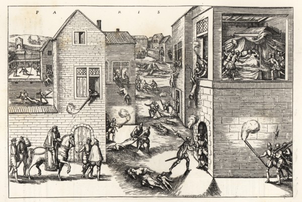 The Saint Bartholomew’s Day Massacre of the Huguenots in Paris, 24 August 1572. Admiral Coligny wounded by a musketeer at left, and finally stabbed in his hotel bed on rue Bethisy by Besme and defenes...