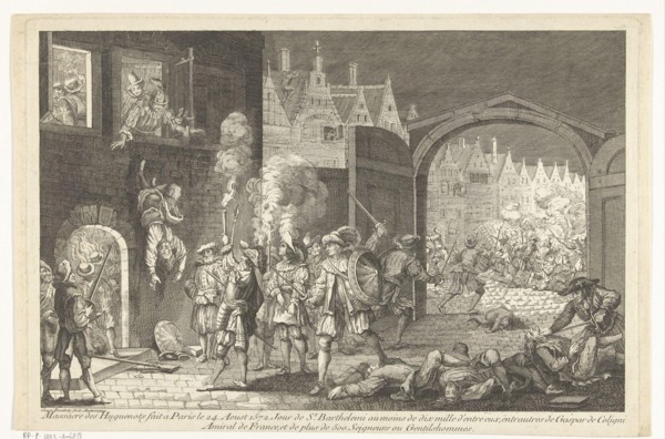 Bartholomeusnacht, 1572 Bartholomew of the blood wedding Paris. In the left foreground is Admiral Gaspard de Coligny thrown by soldiers from a window. An armed mob has gathered under the window and wa...