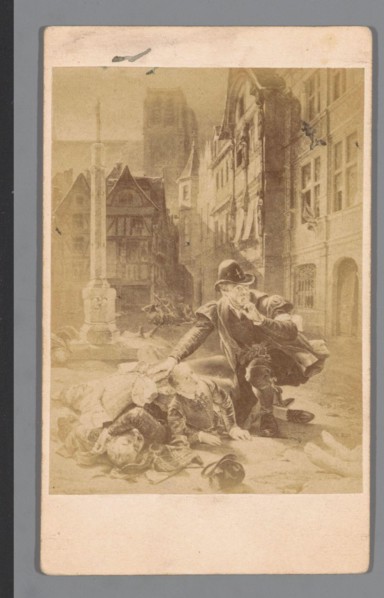 Fotoreproductie van een gravure van de Bartholomeusnacht in Parijs op 24 augustus 1572 Photo reproduction of an engra of St. Bartholomew in Paris on August 24 1572 Object Type  carte-de-visite reprodu...