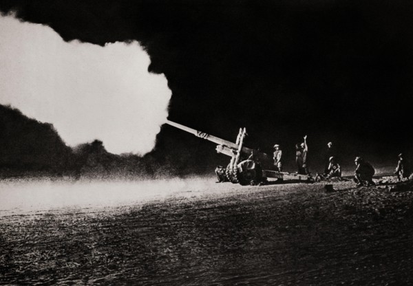 The 4.5 inch field gun bombarding enemy (German) tanks during the Second Battle of El Alamein (23 October – 11 November 1942) which prevented the Axis from advancing further into Egypt. It was a good ...