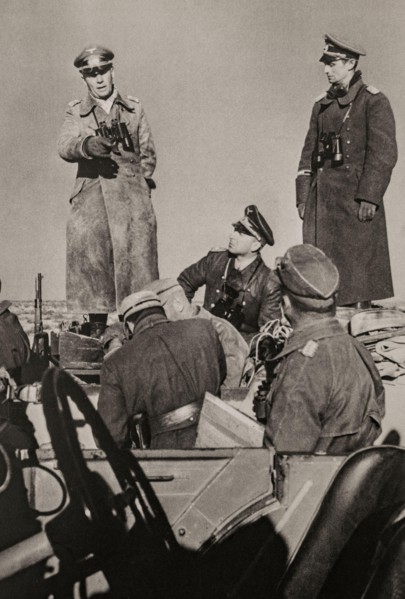 General Erwin Rommel briefing his staff during the First Battle of El Alamein (1–27 July 1942) in the Western Desert Campaign of the Second World War, fought in Egypt between Axis forces  and Allied f...