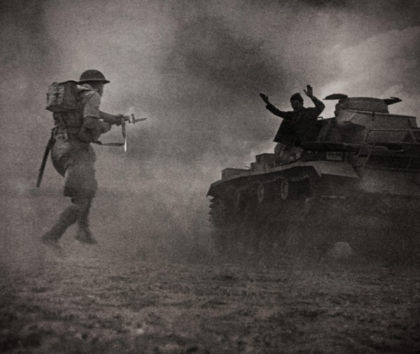 An Italian tank crew of the Axis forces surrenders to troops of the Eighth Army during the Second Battle of El Alamein  during the Western Desert Campaign of the Second World War (23 October – 11 Nove...