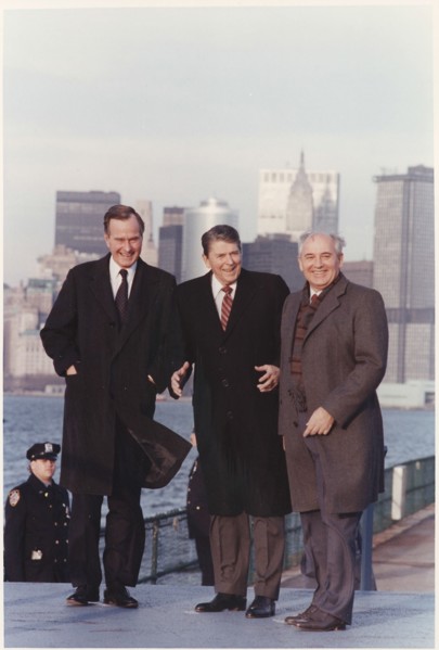 Photograph of President Reagan and Vice-President Bush meeting with General Secretary Gorbachev on Governor's Island... 198596
