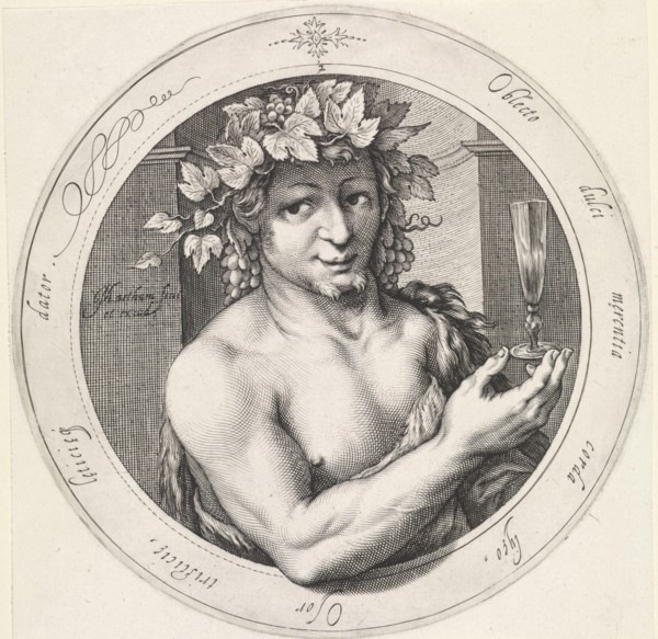 Bacchus with glass, Jacob Matham, 1599 - 1600