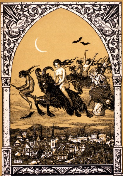 Naked witches riding goats and broomsticks to the Sabbath above a French town. Lithograph 1926.