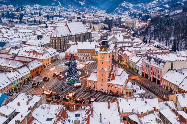 Brasov, Romania. Aerial view of the old town square during Christmas.