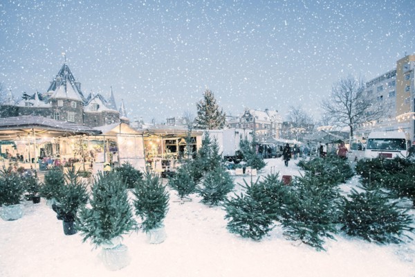 Winter view with market stalls selling christmas trees on the Nieuwmarkt square during snowfall in Amsterdam, The Netherlands