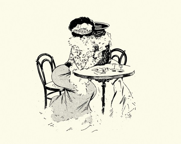 Vintage illustration Two woman drinking and looking at postcards at a cafe, Belle Époque, 1900s