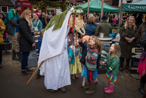 People in the village of Parkmill in Gower, Swansea, take part in the ancient Welsh tradition of celebrating the New Year in early January, using a Mari Lwyd, which is a horse's skull mounted on a pol...
