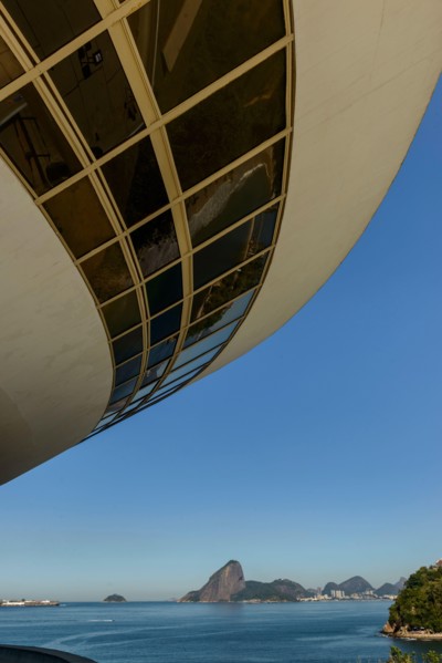Museum of Contemporary Art, Niteroi, with sugar bread in the background, Rio de Janeiro, Brazil on September 01, 2022.