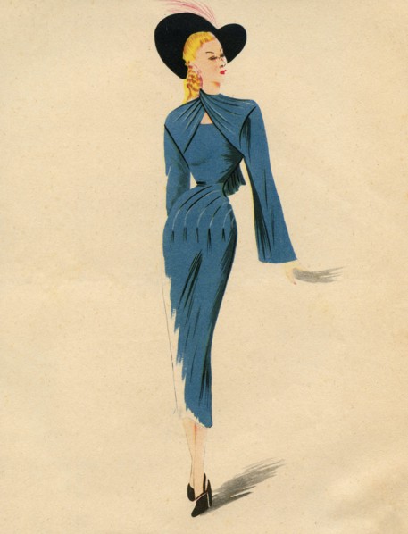 Woman fashion illustration drawing: Sketch of clothes and accessories, Italy 1940s