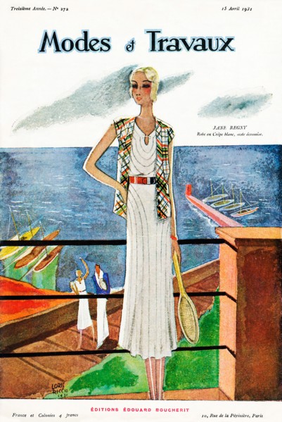 Modes Et Travaux, April 1931 cover of the French fashion magazine, outfit by Jane Regny for a lady on a seaside holiday