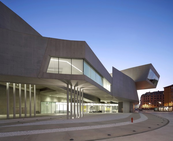 MAXXI – National Museum of the 21st Century Arts, Rome, Italy. Architect: Zaha Hadid Architects, 2009. Dusk exterior.
