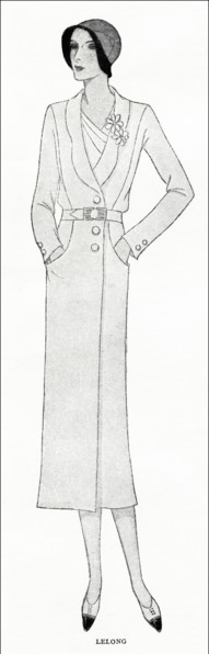 Original 1930s magazine illustration of Paris summer fashion Belted topcoat in white cheviot and patch pocketed by designer Lelong