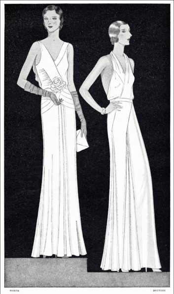 Original 1930s magazine illustration of Paris summer fashion. (left) Formal evening gown of crepe romaine in pale pistache green with pale pink roses at the waist by designer Worth. (right) Formal eve...