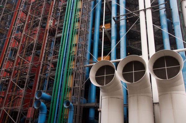 Modern architecture. The Pompidou Centre, seen from the Rue Beaubourg. The famous coloured pipes and ducts conspicuously on the outside. Paris, France.