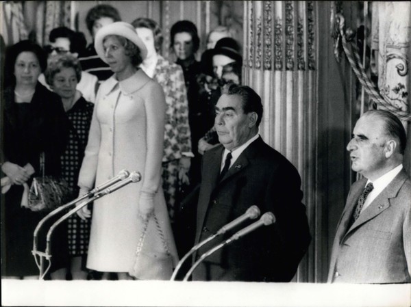 Oct. 26, 1971 - Mrs. Brejnev and Mrs. Pompidou are in the background. Leonid Brejnev, Secretary of the Soviet Union's Communist