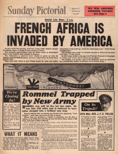 1942 Sunday Pictorial front page reporting  Operation Torch and the American & British invasion of North Africa