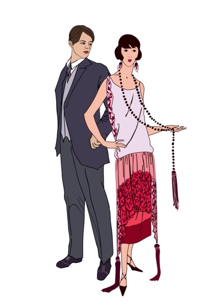Couple on party. Man and woman in cocktail dress in vintage style 1920's. Portrait of an attractive flapper girl with her boyfriend. Retro fashion vec